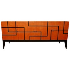 Buffet "Filets" in Hermes Orange and Black Sycamore Marquetery by Aymeric Lefort