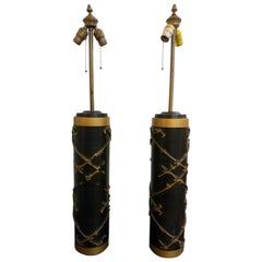 Pair of French Abstract Bamboo Relief Column Table Lamps, Offered by La Porte