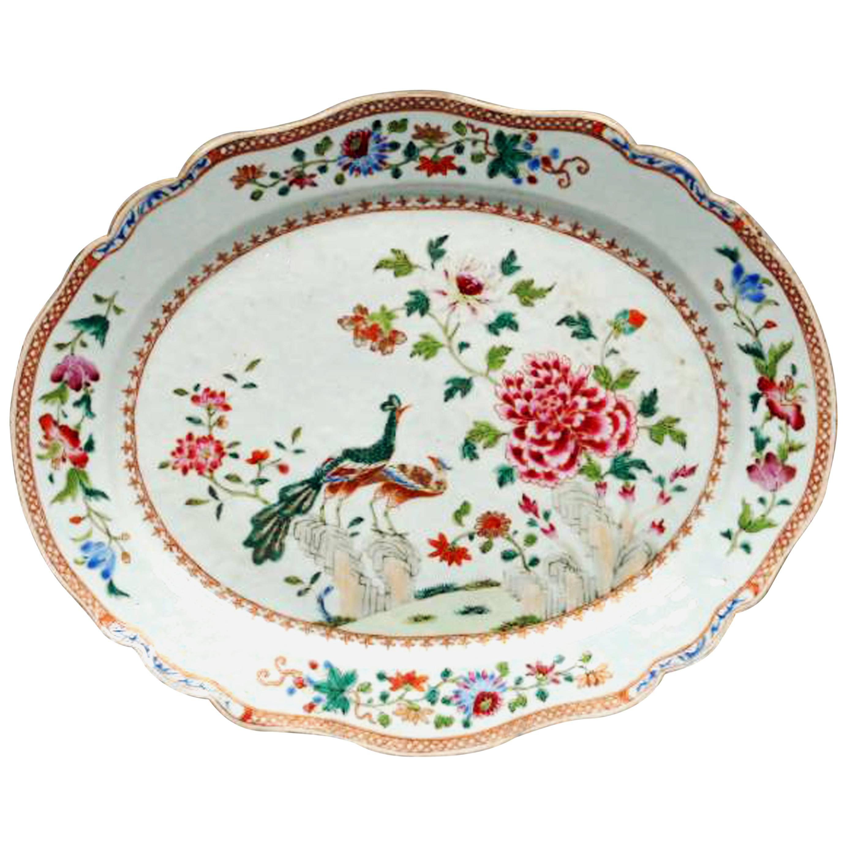 Chinese Export Famille Rose Double Peacock Shaped Porcelain Dish, circa 1765