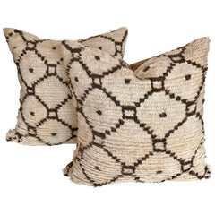 Two Custom Moroccan Beni Ouarain Pillows Cut from a Vintage Wool Hand-Loomed Rug