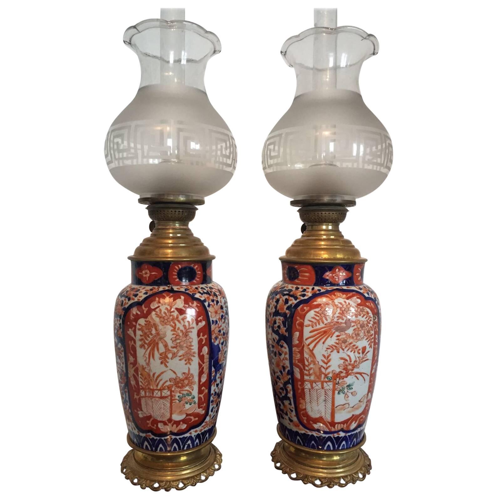 Pair of 19th Century Antique Japanese Porcelain Ko Imari Oil Lampsm, circa 1825 For Sale