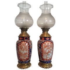 Pair of 19th Century Antique Japanese Porcelain Ko Imari Oil Lampsm, circa 1825