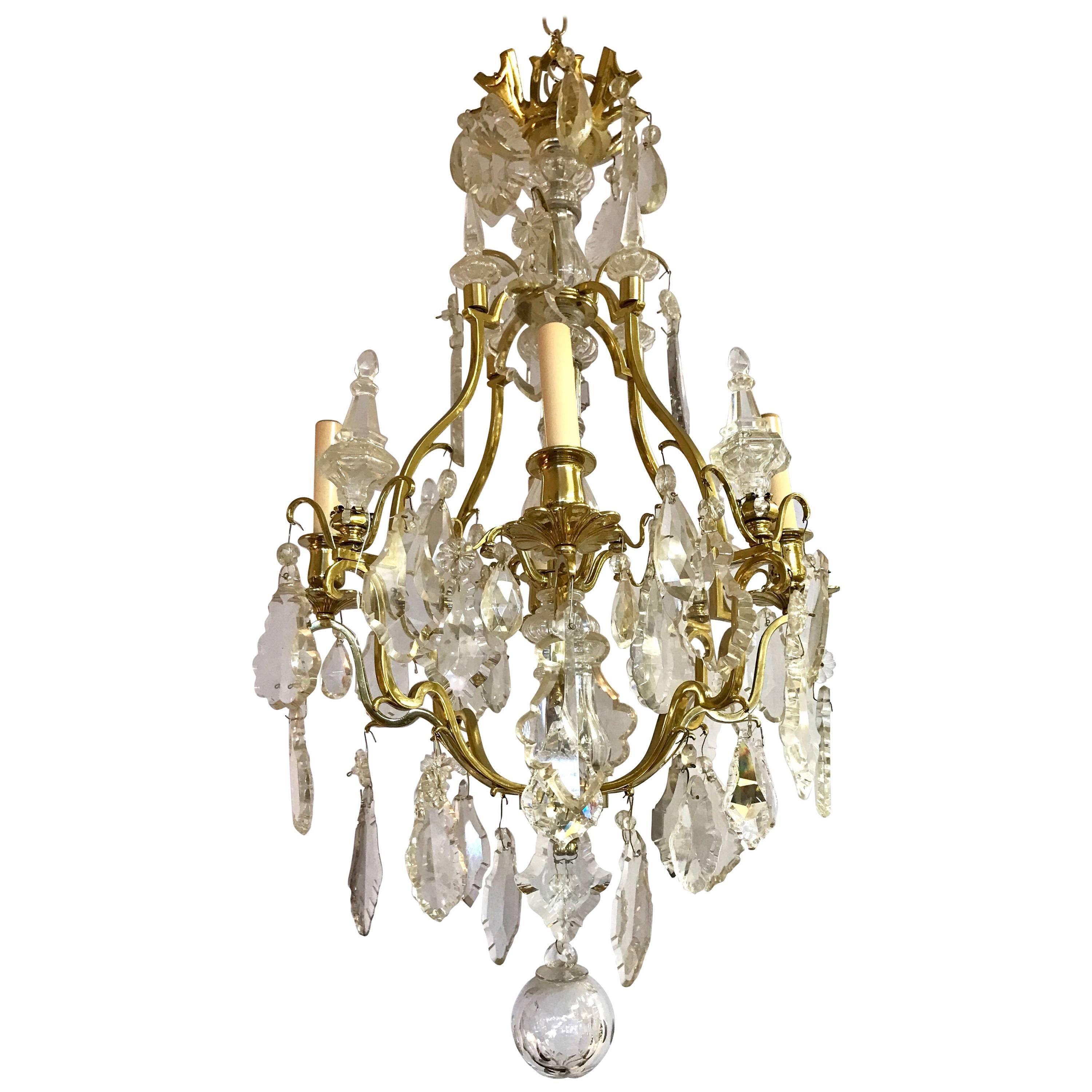 French Four-Light Rock Crystal and Brass Chandelier