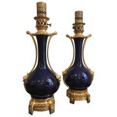 Pair of Napoléon III Dark Blue Sèvres Porcelain Ormolu-Mounted Lamps