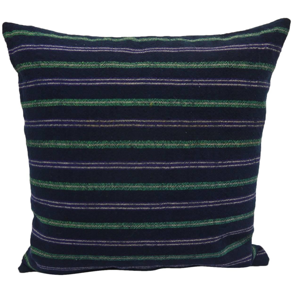 19th Century French Antique Indigo Green Purple White Striped Pillow