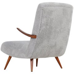 1950s Organic Lounge Chair Faux Teddy Bear Fur Mid-Century Modern Beechwood