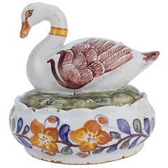 Antique 18th Century Polychrome Dutch Delft Figural Swan Form Butter Tub