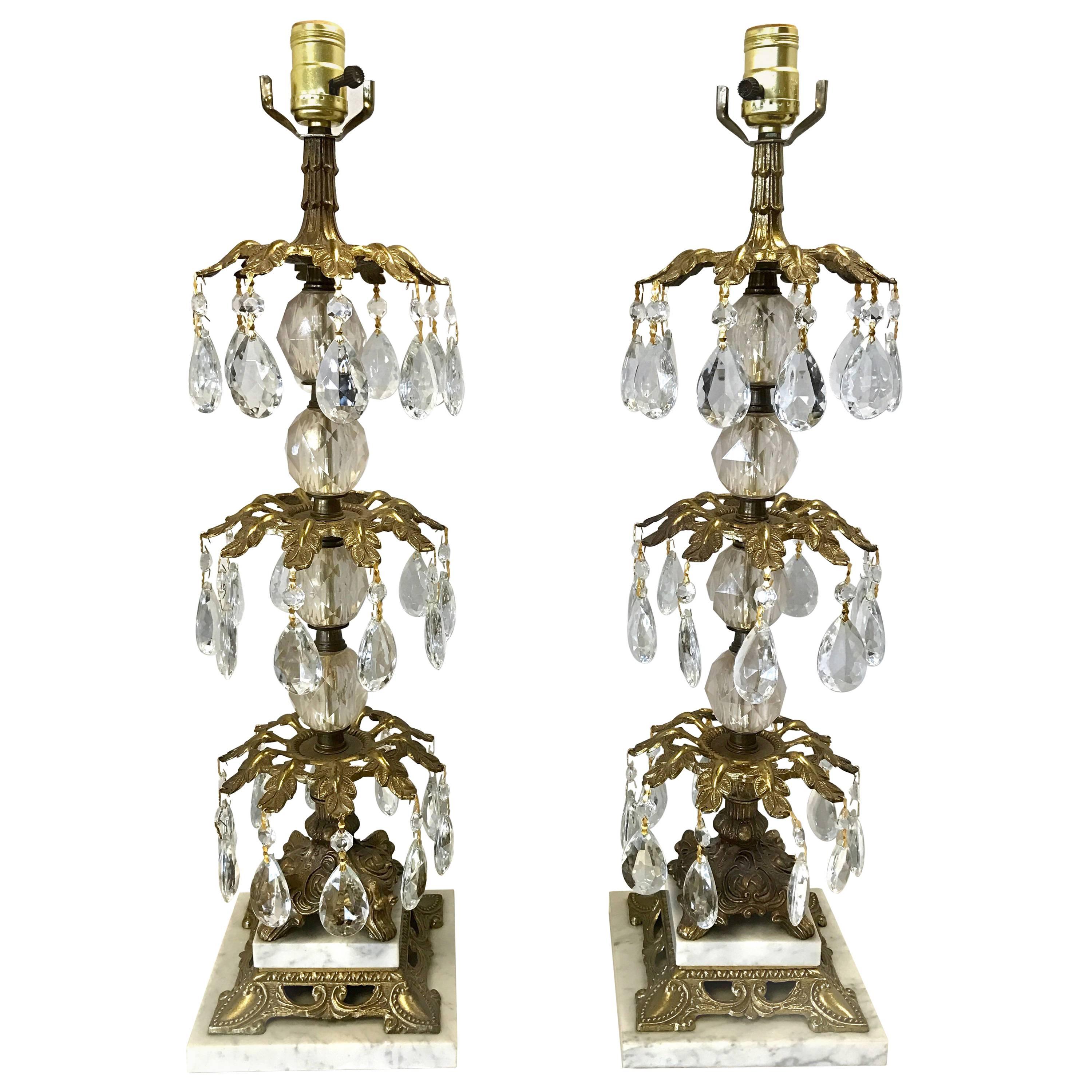 Pair of Hollywood Regency Bronze and Crystal Lamps