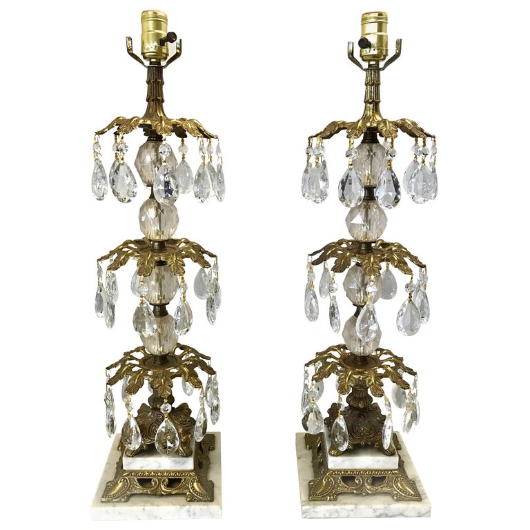 Pair of Hollywood Regency Bronze and Crystal Lamps at 1stDibs