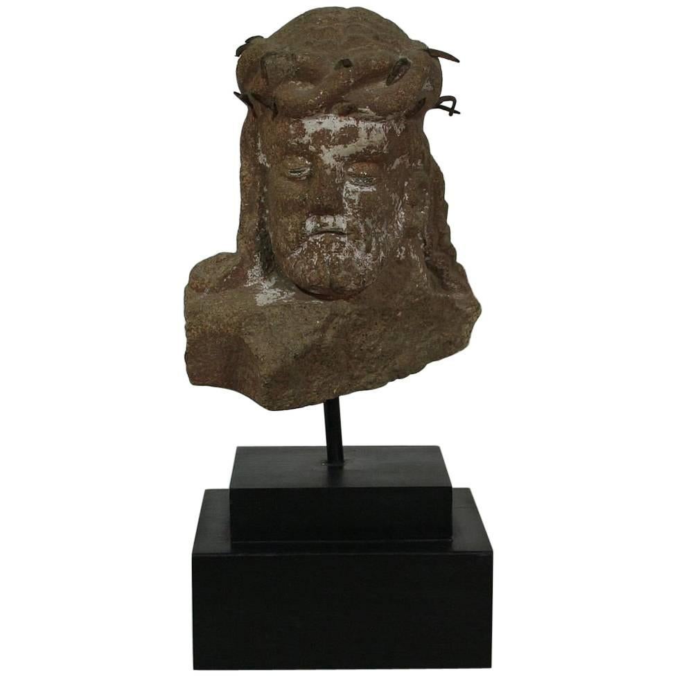 Primitive French Carved Stone Head of Christ