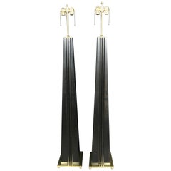 Pair of Tall Unique Ebonized Floor Lamps with Brass Details