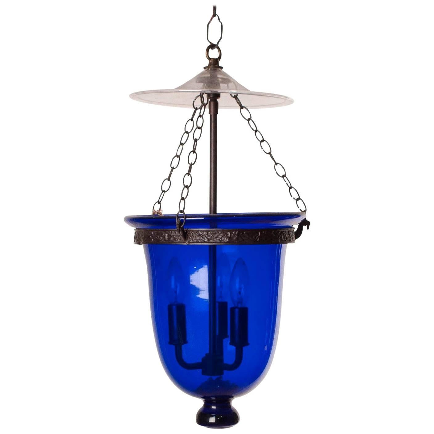 Antique Blue Glass Bell Jar Lantern with Clear Cover, circa 1860