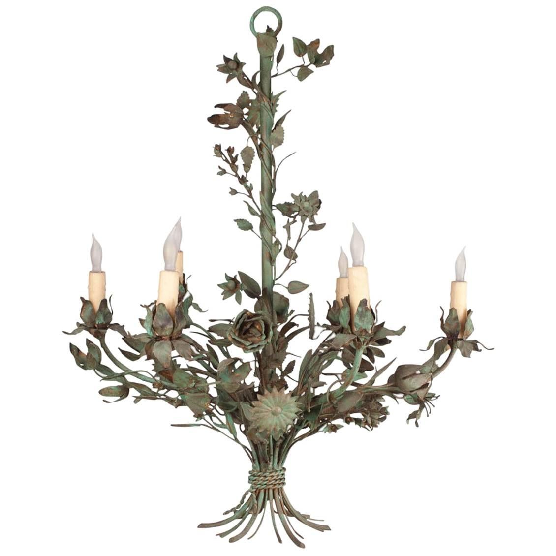 Painted Wrought Iron Flower Chandelier, Italy, circa 1900
