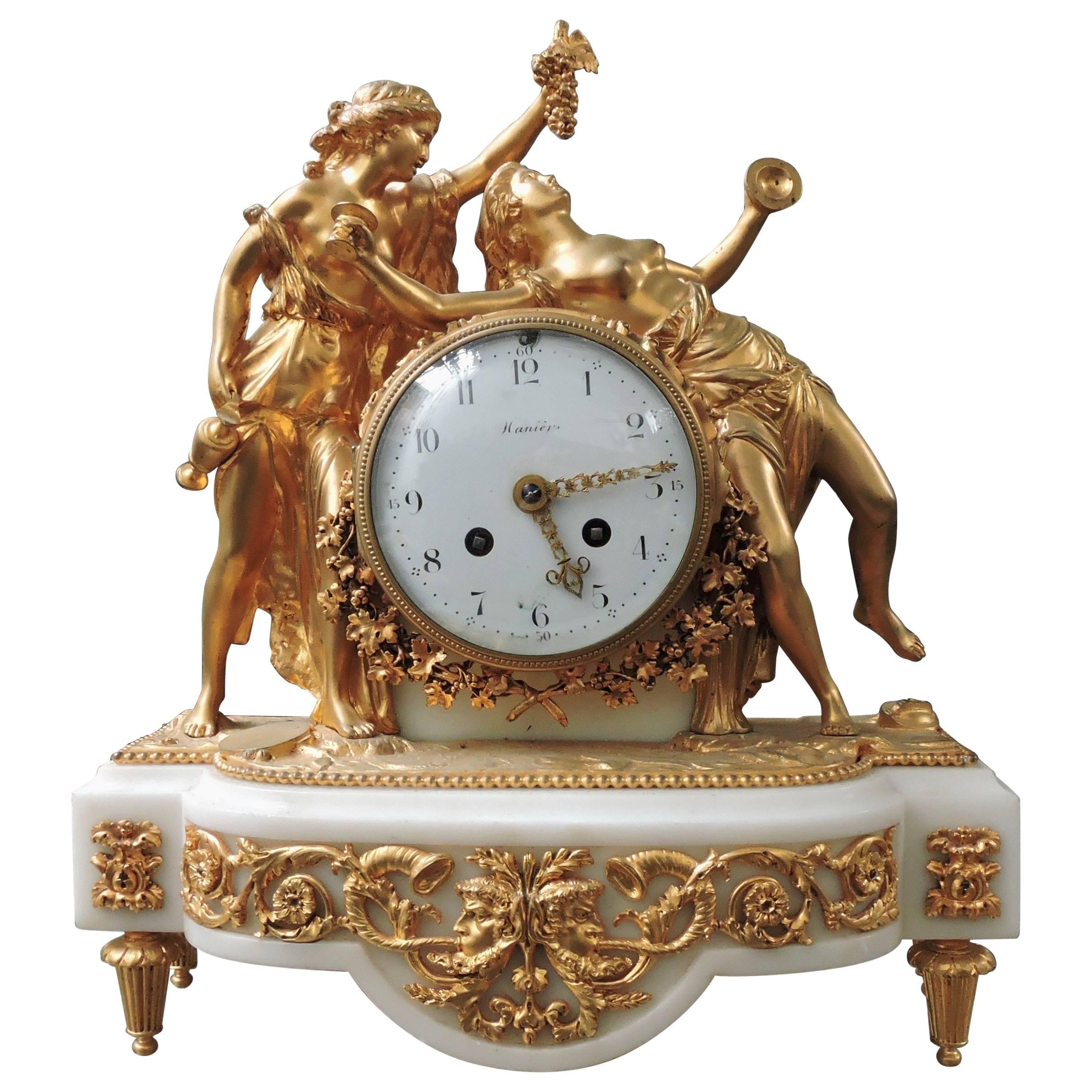 French Louis XVI Napoléon III Marble and Ormolu Mantle Clock, circa 1880