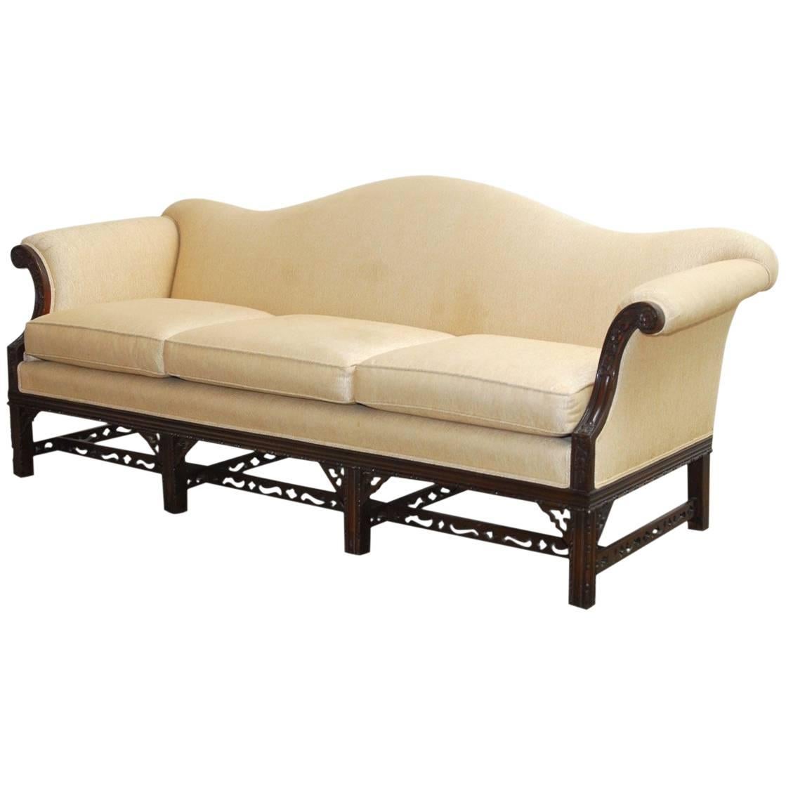 Chinese Chippendale Style Carved Mahogany Camelback Sofa