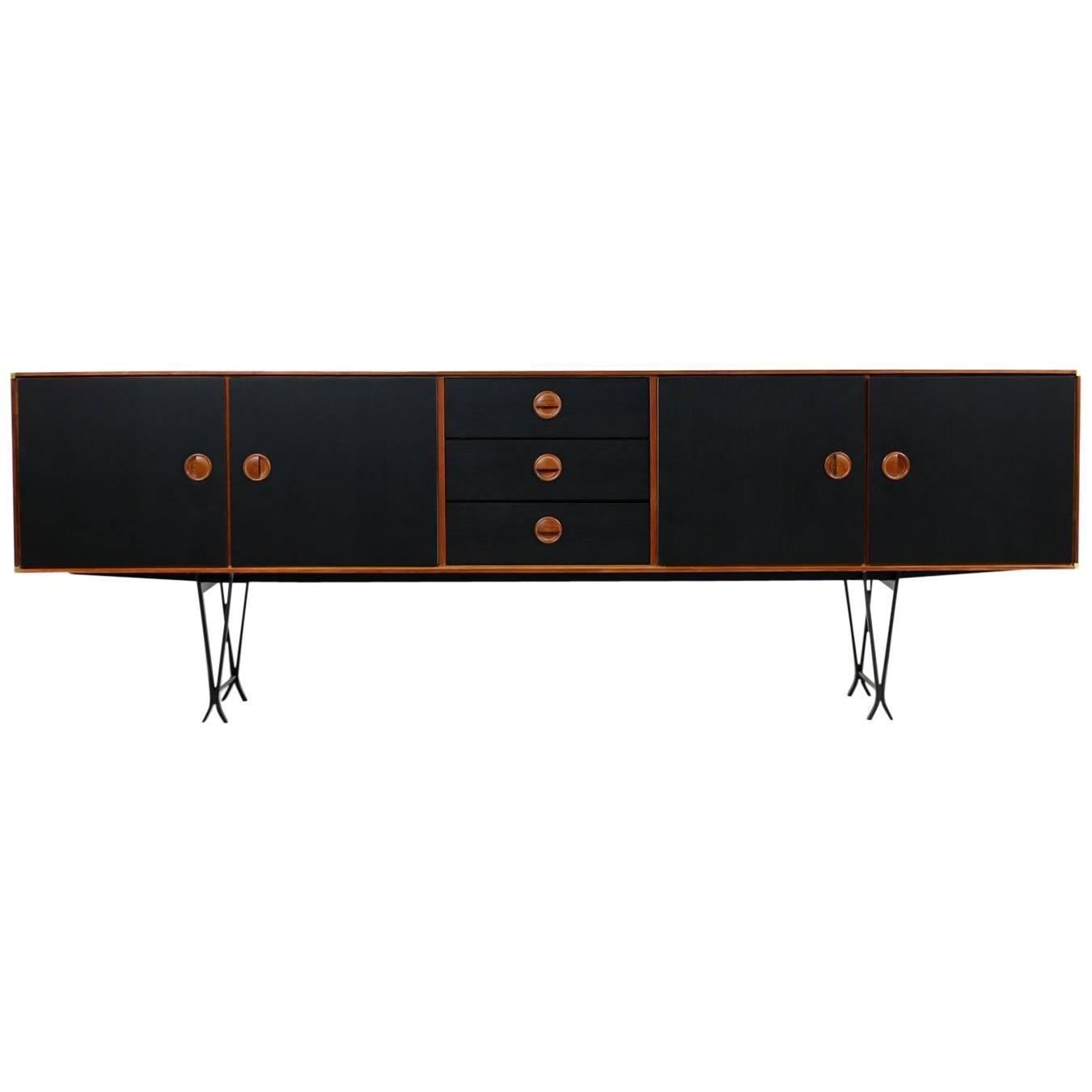 Large 1960s Teak & Black Sideboard by Fristho with Iron Base and Brass Details For Sale
