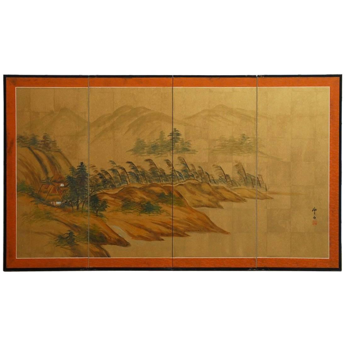 Japanese Four-Panel Screen of Tree Landscape on Gilt