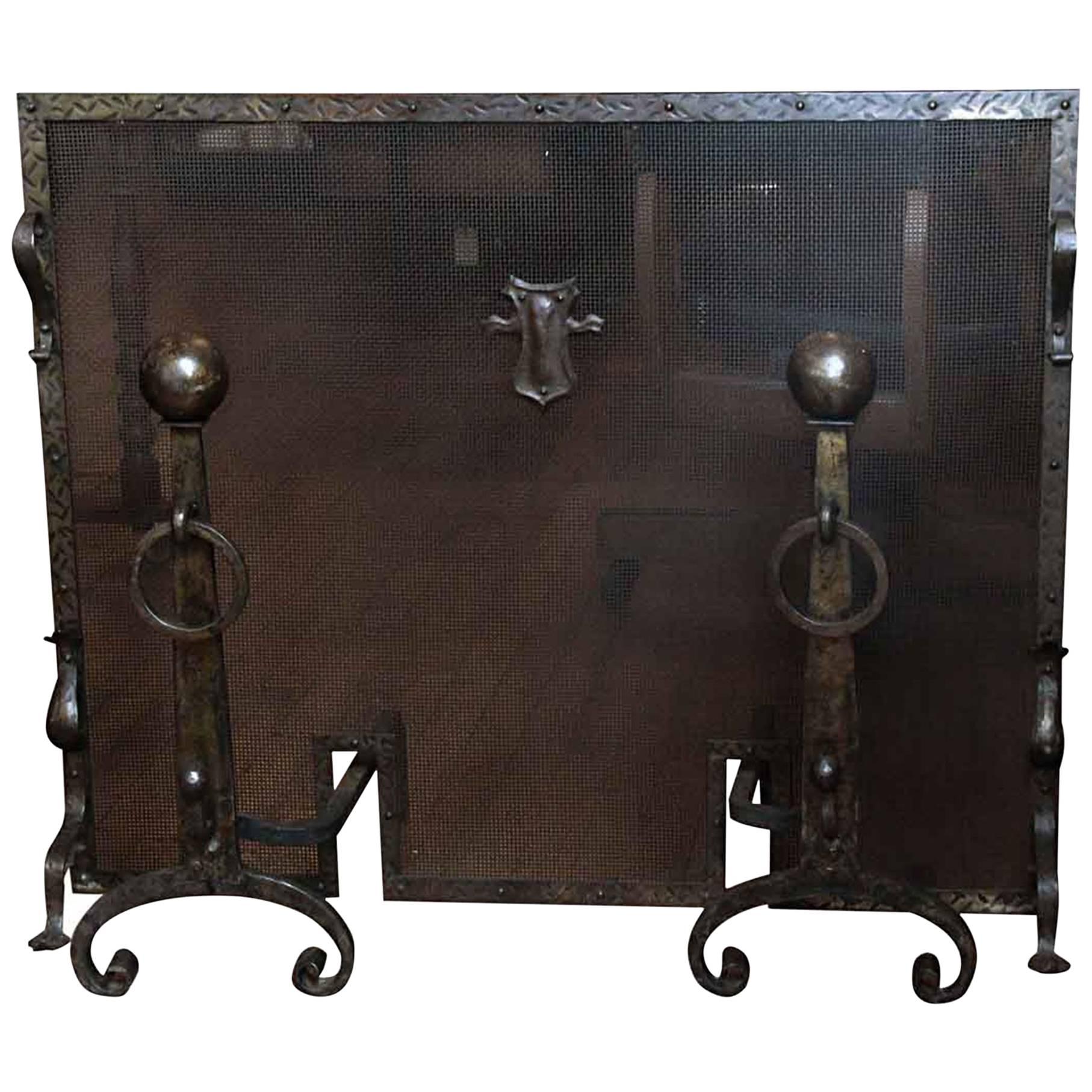 1880s Three-Piece Arts 
Crafts Wrought Iron Fireplace Set, Screen and Andirons