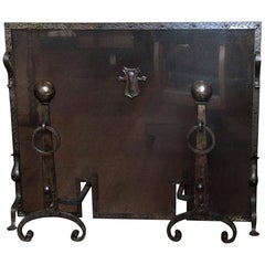 1880s Three-Piece Arts & Crafts Wrought Iron Fireplace Set, Screen and Andirons