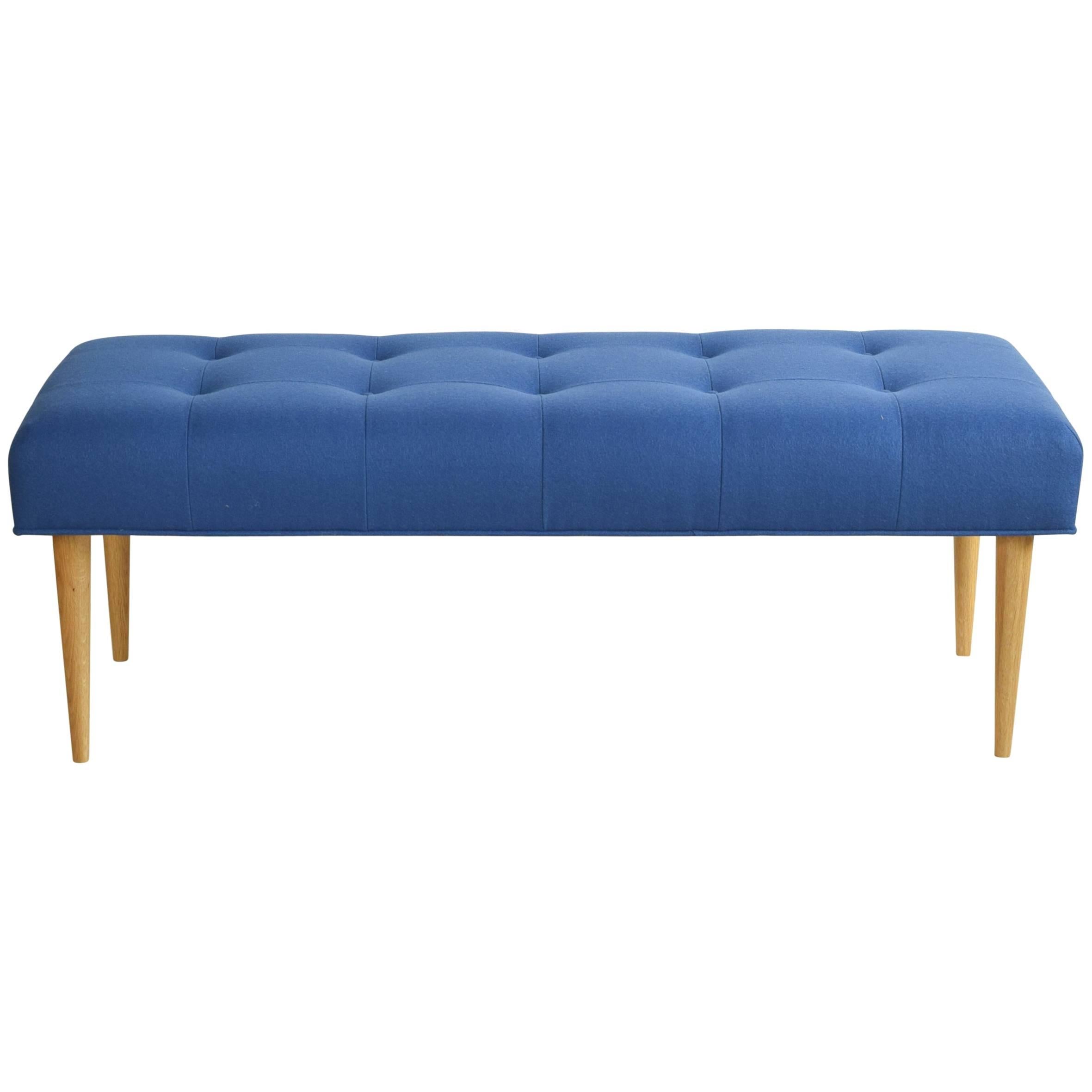 Modern Button Tufted Bench Upholstered in Baltic Blue with Oak Spindle Legs For Sale