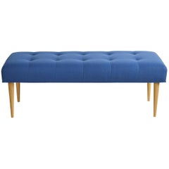 Modern Button Tufted Bench Upholstered in Baltic Blue with Oak Spindle Legs