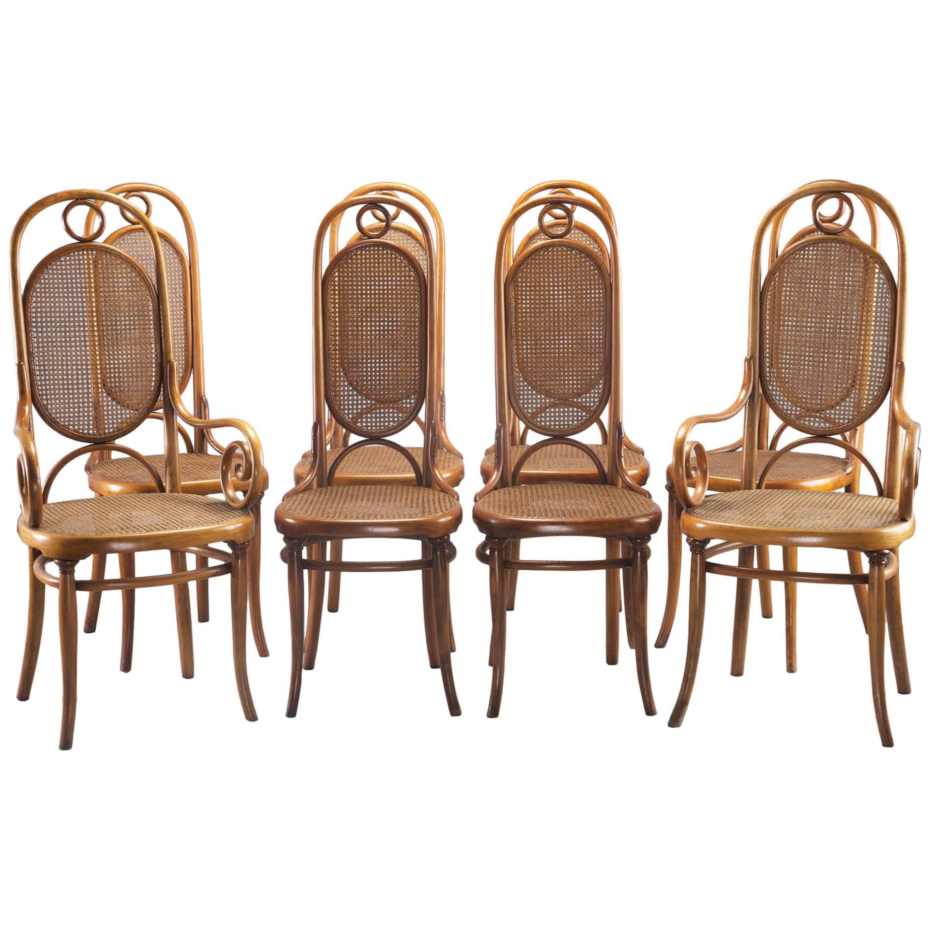 Set of Eight with Two-Arm Six Side Thonet 207R Long John Bentwood Caned Chairs