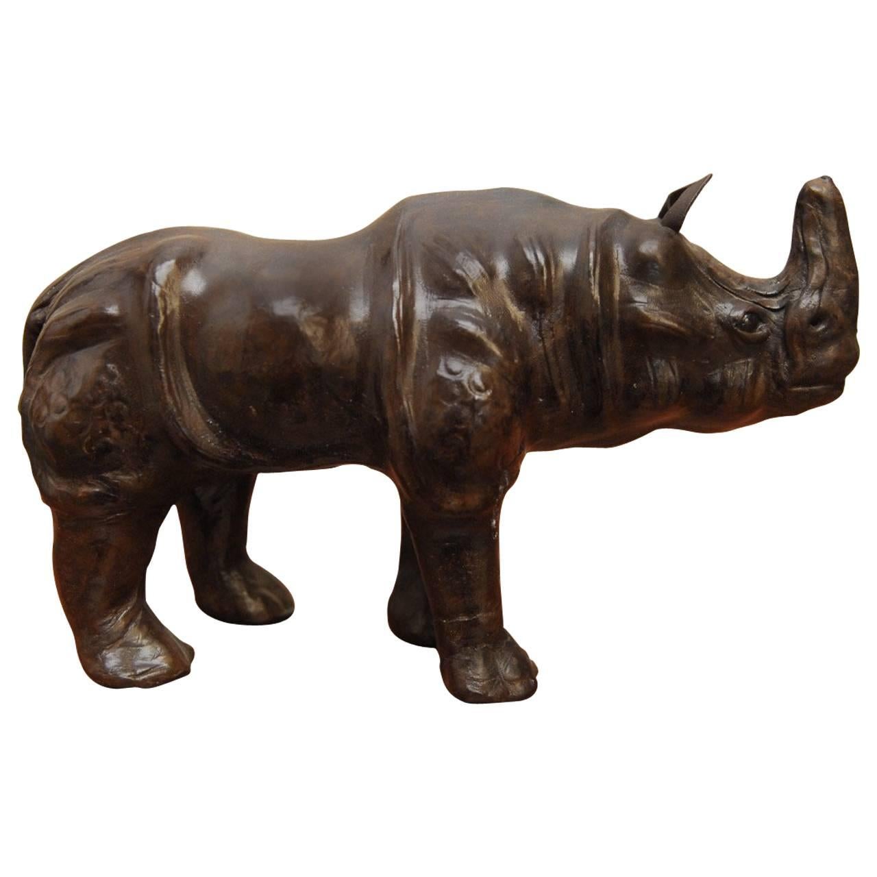 Midcentury Leather Wrapped Rhino Sculpture