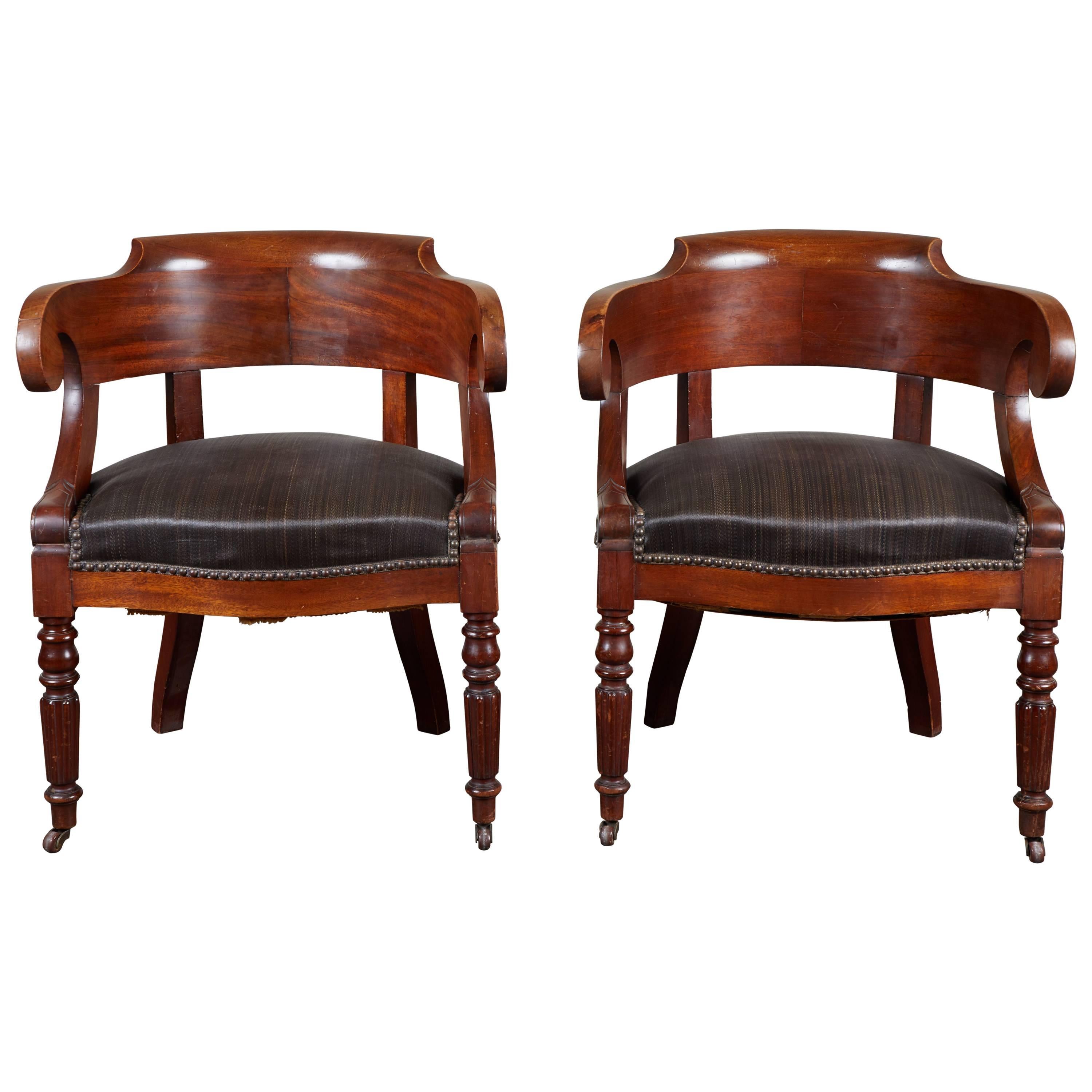 Pair of 19th Century Swedish Mahogany Armchairs with Horsehair Upholstery