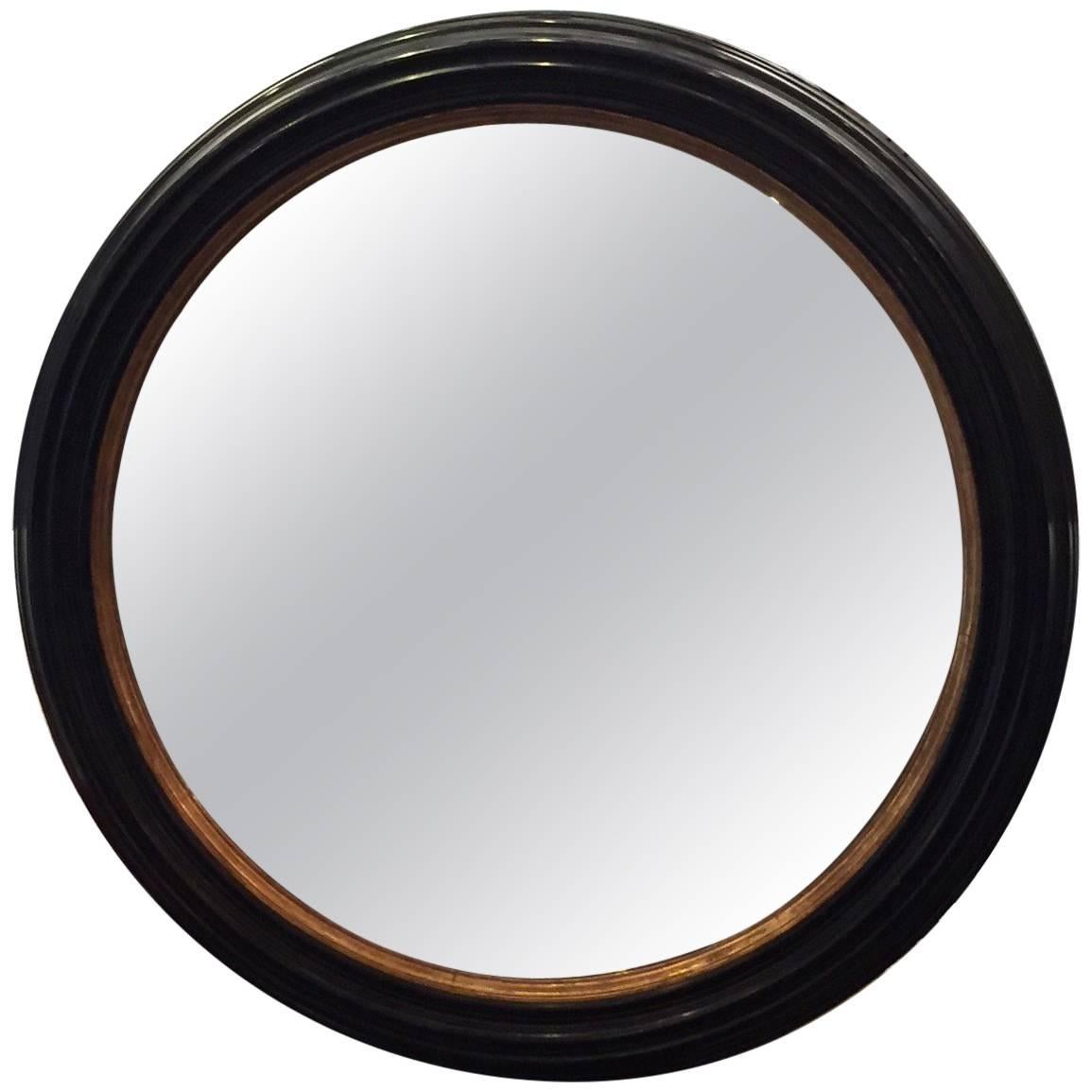 Vintage Colossal Round French Black Painted and Gilt Wood Framed Mirror