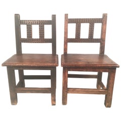 Antique Pair of Small Spanish Colonial Carved Walnut Chairs