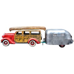 Woody Wagon and Airstream Painted Wood Sculpture by Paul Jacobsen