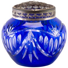 Antique Cobalt Blue Cut Crystal Rose Bowl with Original Brass Flower Holder