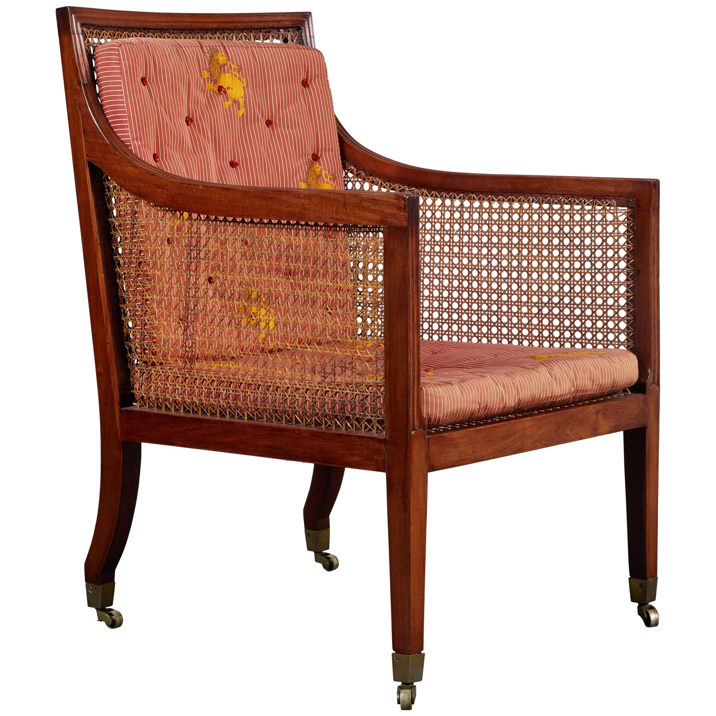 18th Century George III Mahogany Caned Library Chair on Castors