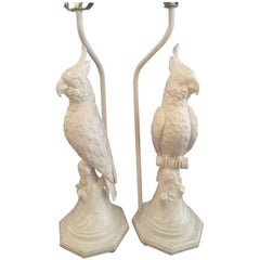Pair of Retro White Tropical Palm Beach Parrot Bird Table Lamps
