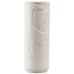 Tall Signed Cuno Fischer Porcelain Vase with Horses in Relief