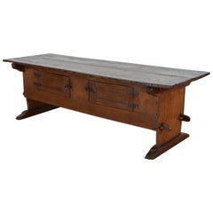 Antique Unusual Swiss Oak Rustic Table with Hinged Doors, 17th-18th Century