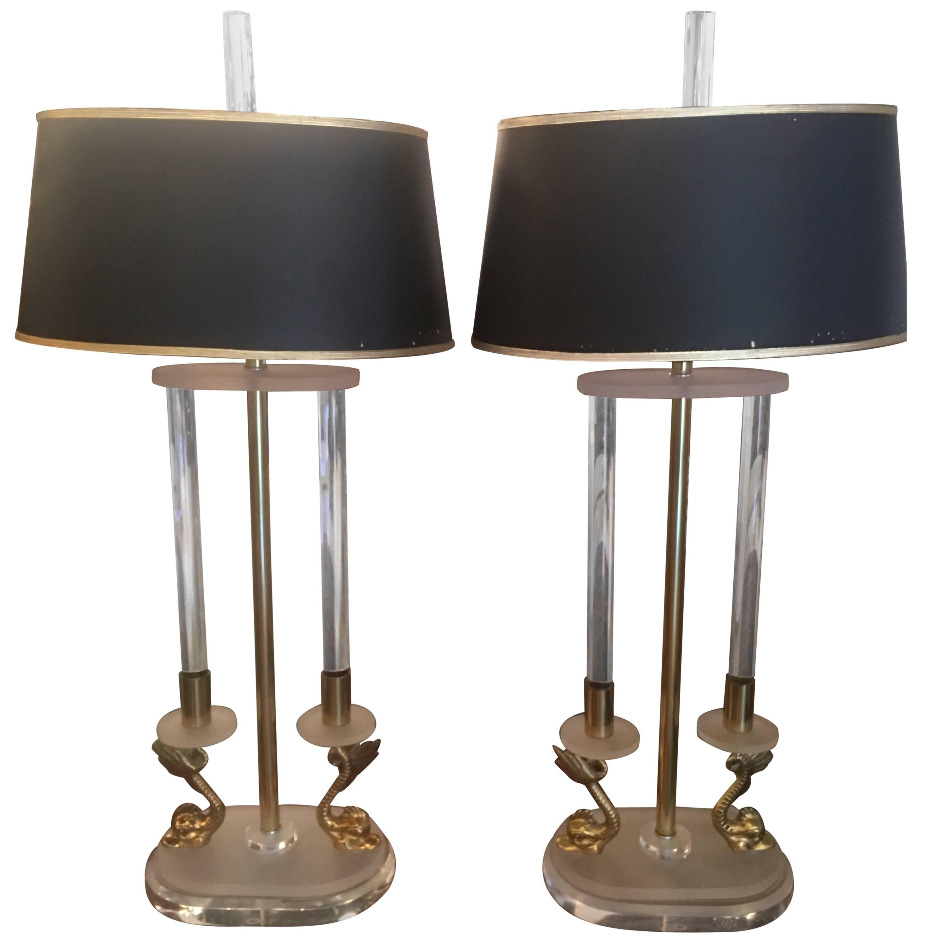 Pair of Neoclassical Brass and Lucite Koi Table Lamps  For Sale