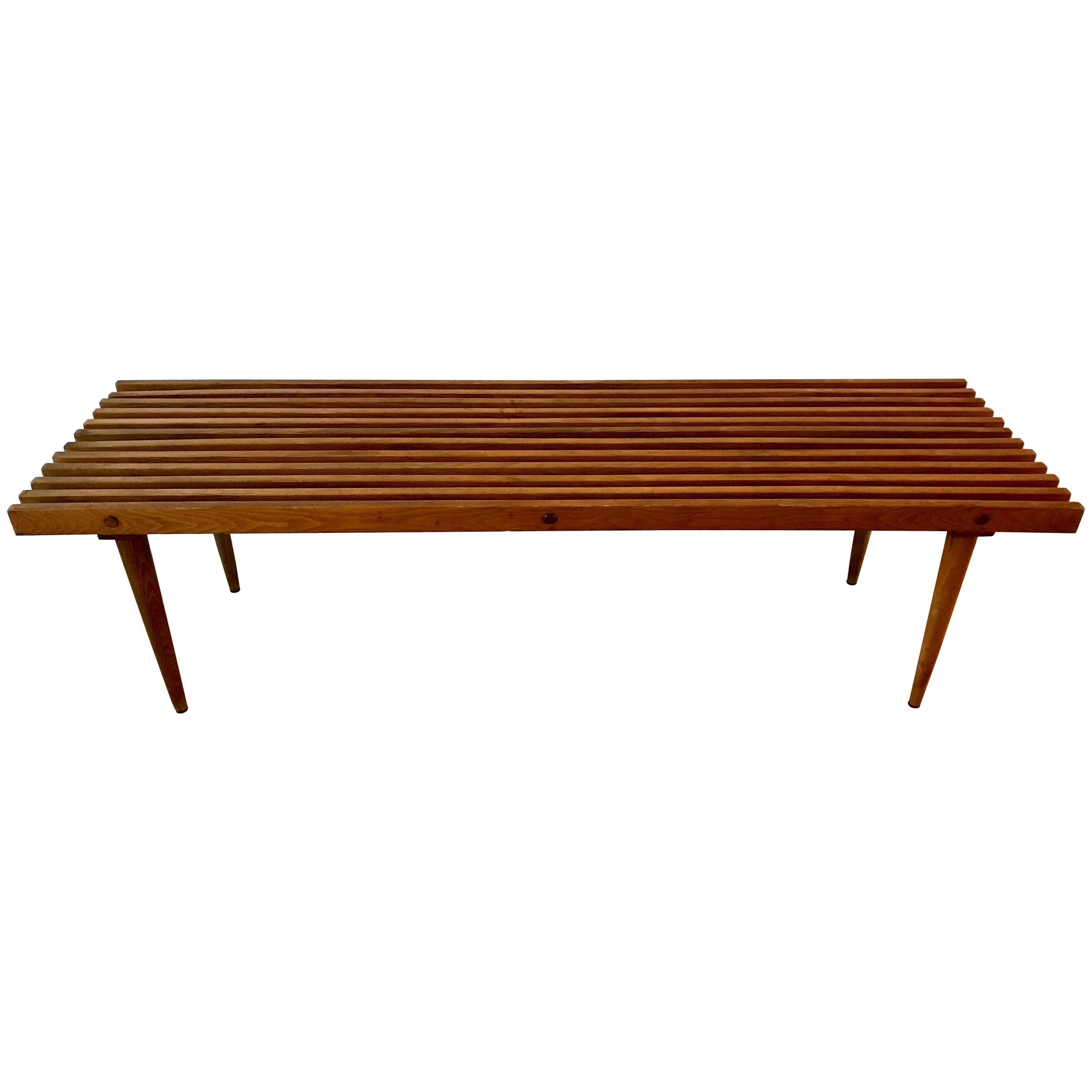 Mid Century Modern Slat Bench with Tapered Legs, 1960's