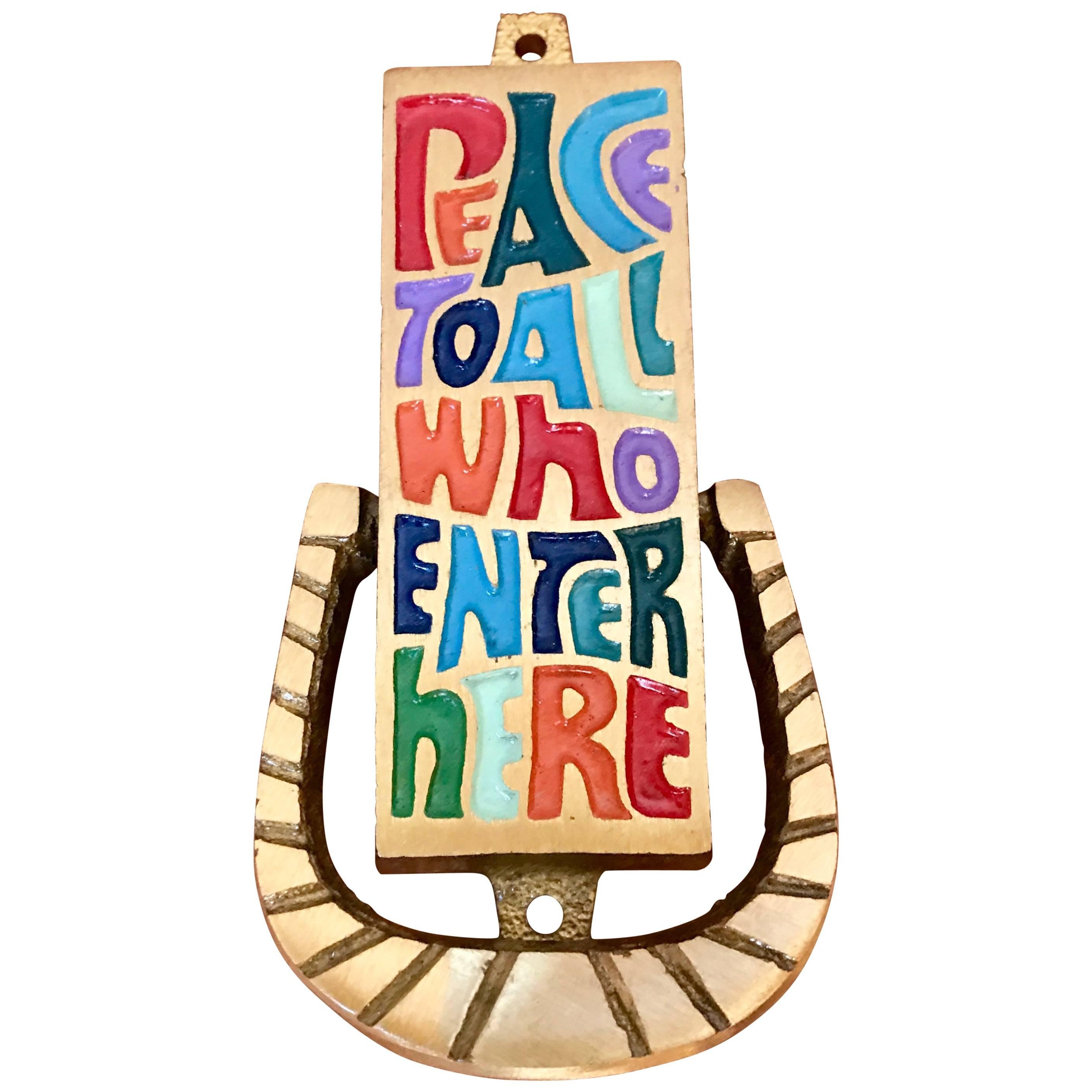 Midcentury Door Knocker "Peace To All Who Enter Here" Brass & Enamel, 1969