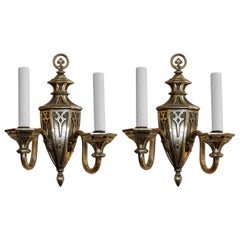 Handsome Pair Caldwell Silvered Bronze Georgian Tudor Gothic Two-Light Sconces