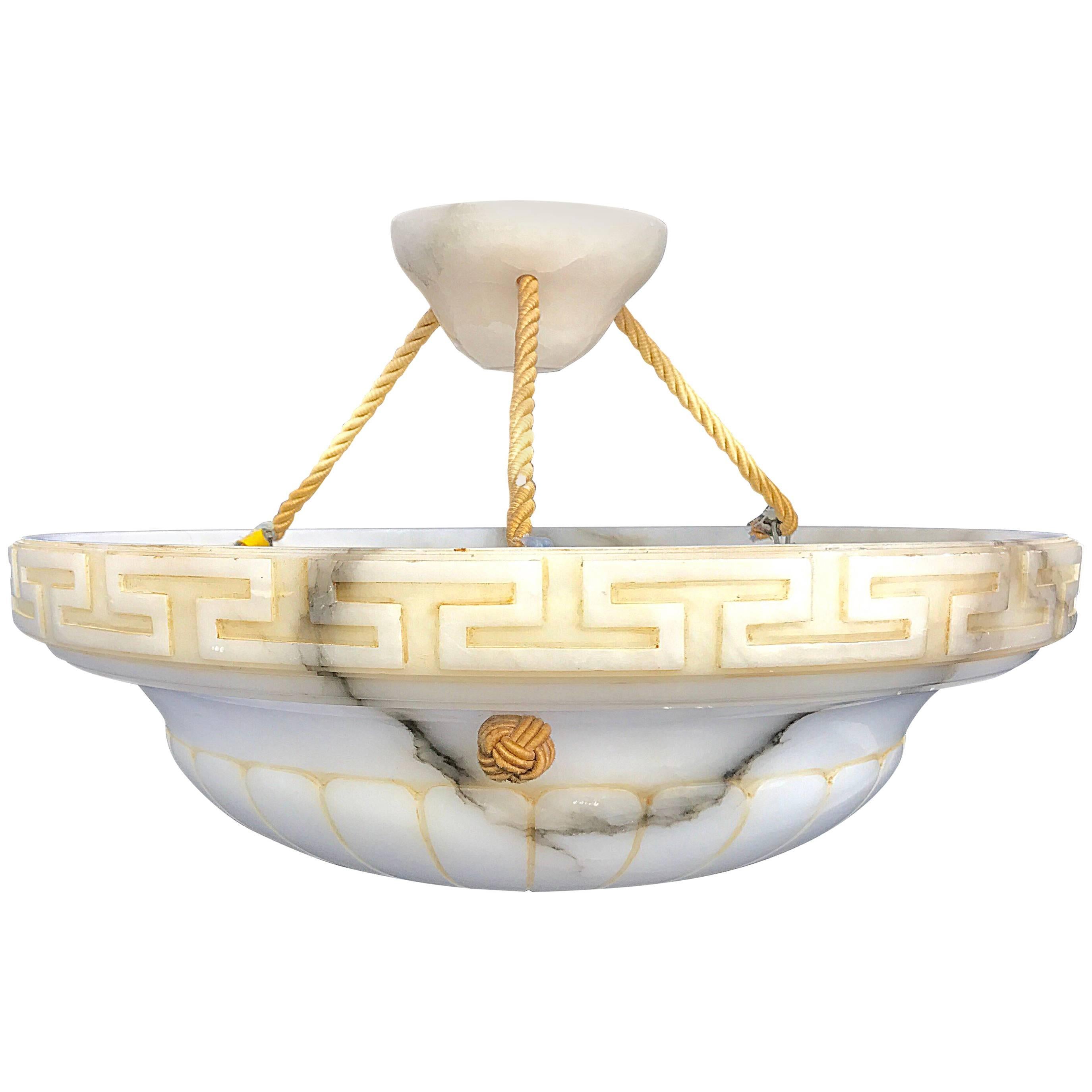 Chic 1920s Italian Carved Marble Chandelier with Greek Key Design