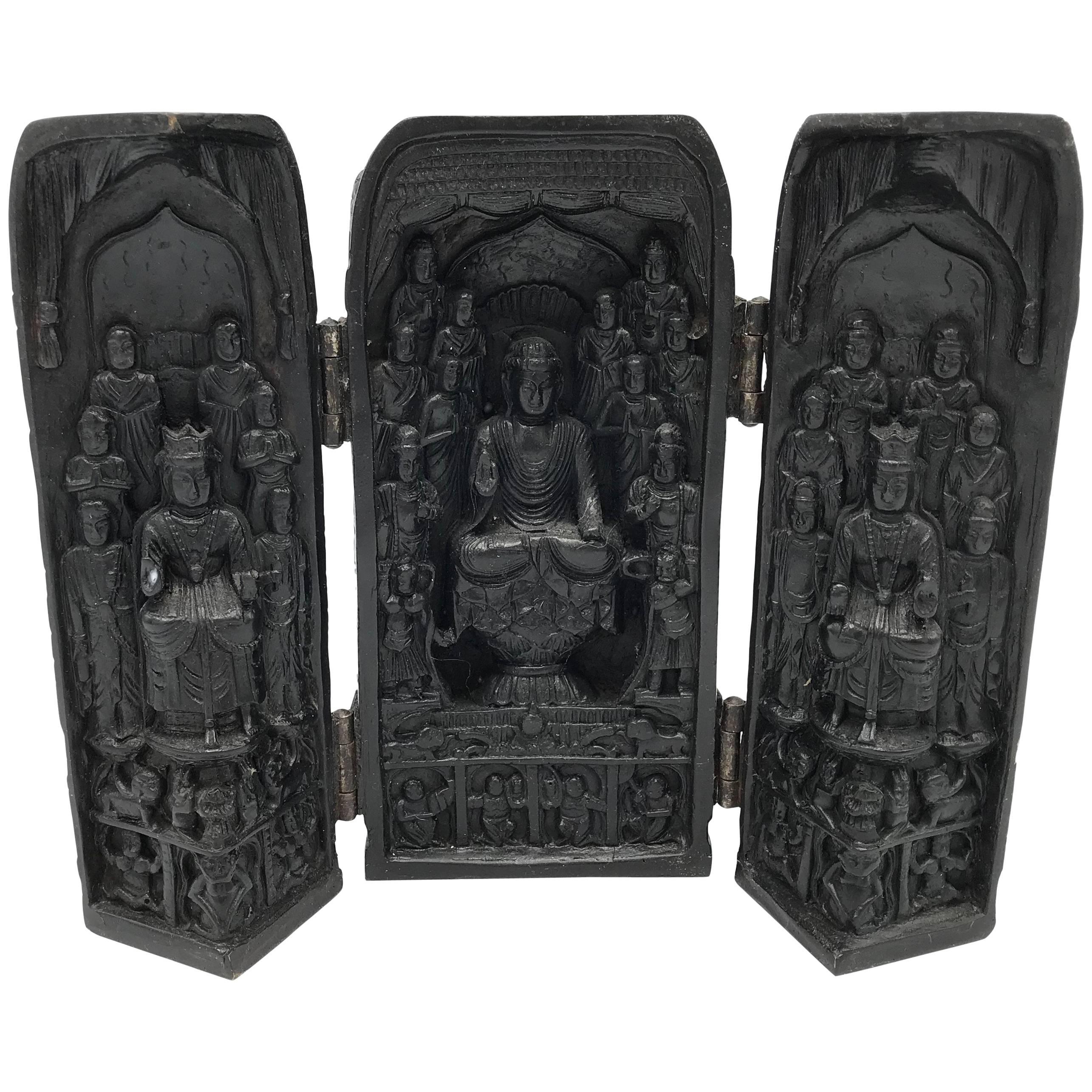 1970s Asian Buddha Temple Reliquary Shrine Trifold Sculpture