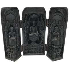 1970s Asian Buddha Temple Reliquary Shrine Trifold Sculpture