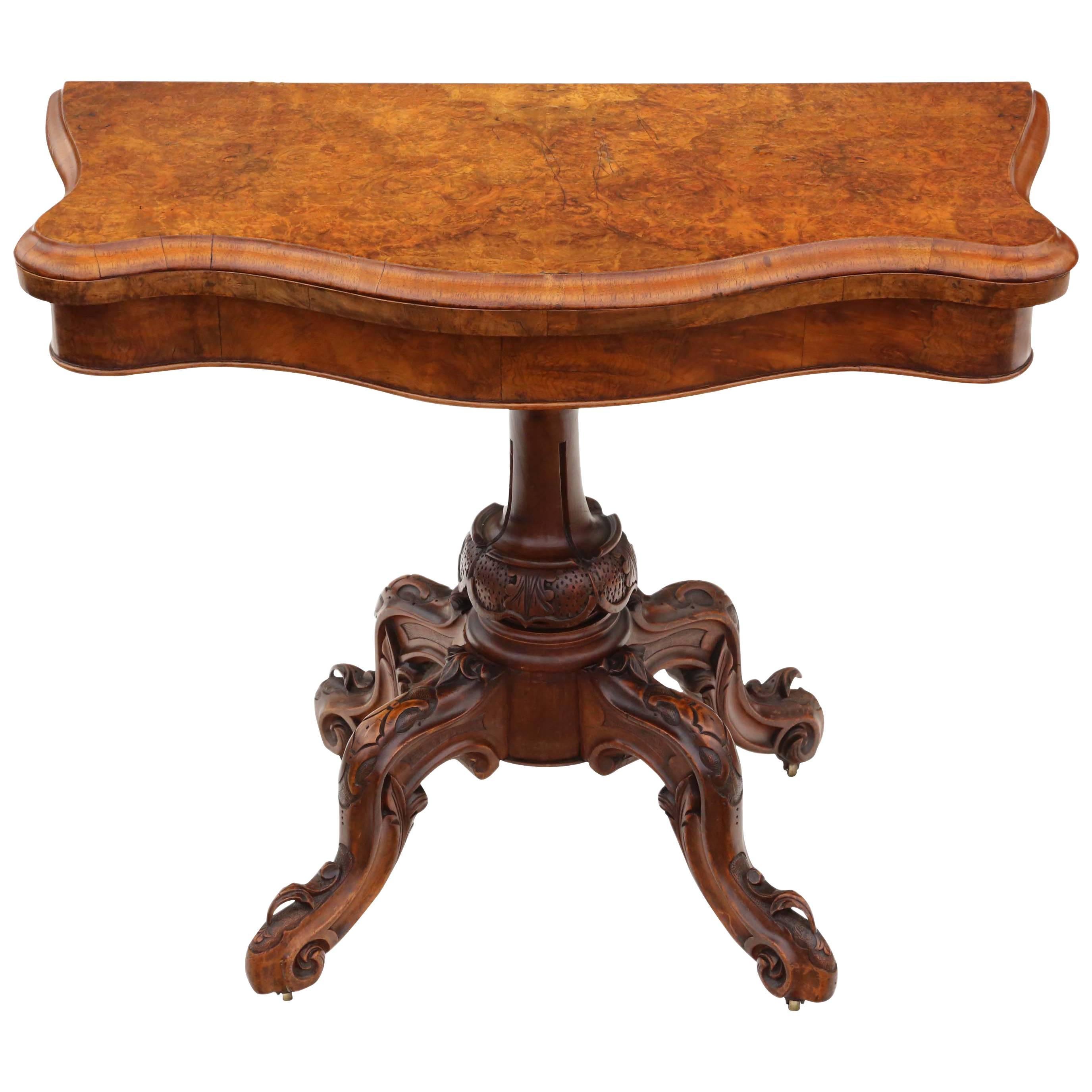 Antique Quality Victorian circa 1870 Burr Walnut Serpentine Folding Card Table For Sale