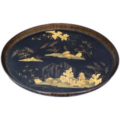 Antique Quality Victorian Chinoiserie Black Lacquer Serving Tray