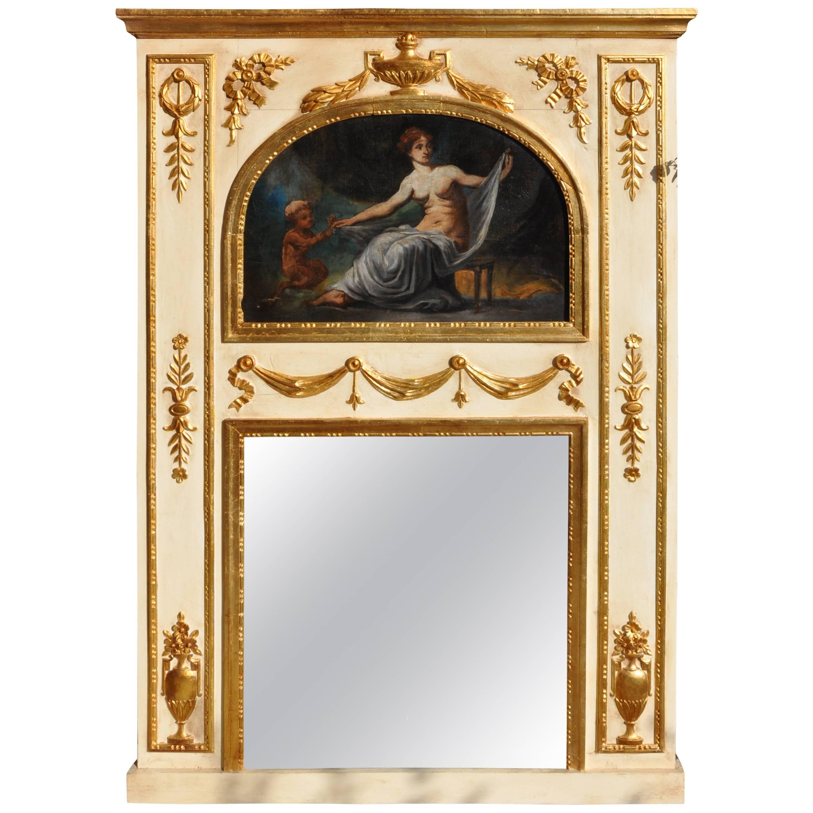 19th Century Mirror in Wood and Pastel, Lacquered, Gold-Plated For Sale