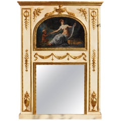 19th Century Mirror in Wood and Pastel, Lacquered, Gold-Plated