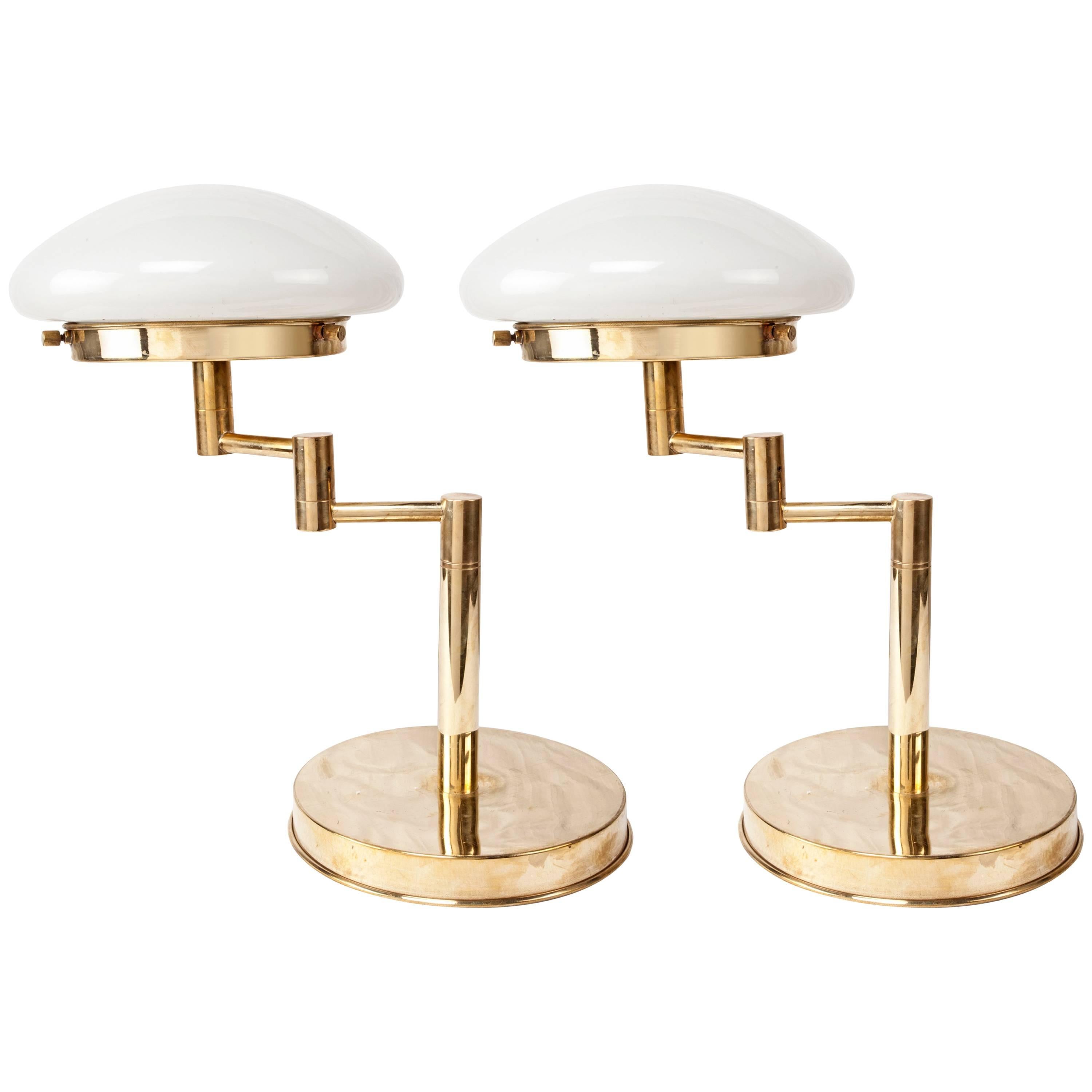 Pair of Mid-Century Modern Adjustable Brass Table Lamps with Milk Glass Shades