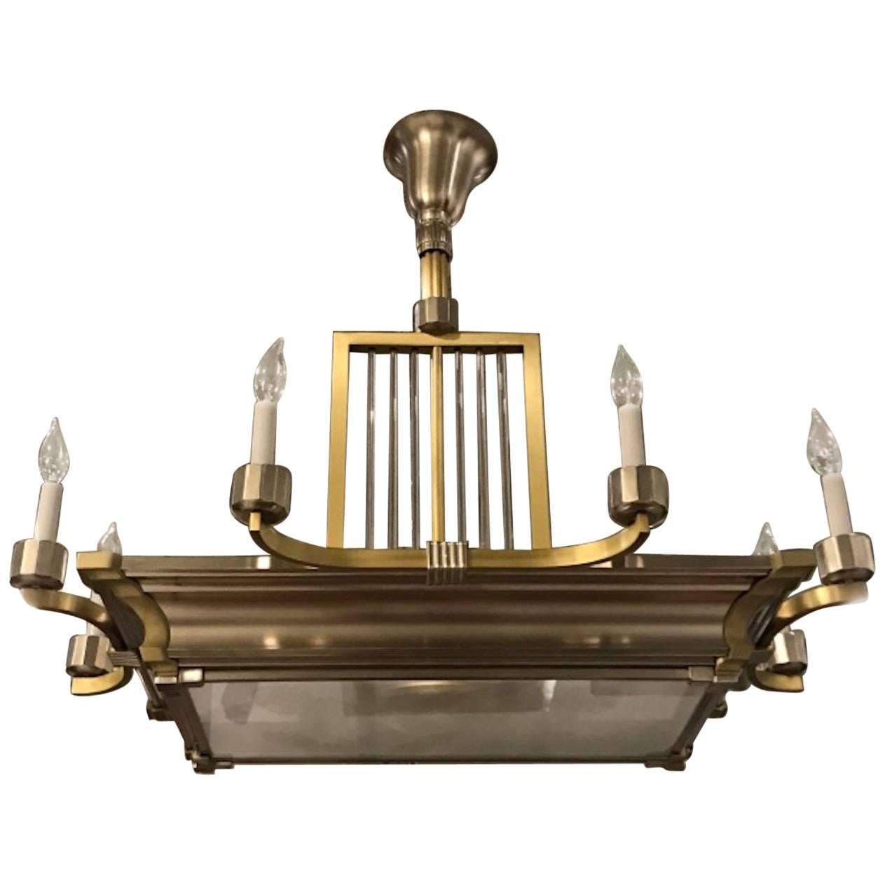French Art Deco Modernist Two-Tone Brass and Nickel Chandelier For Sale
