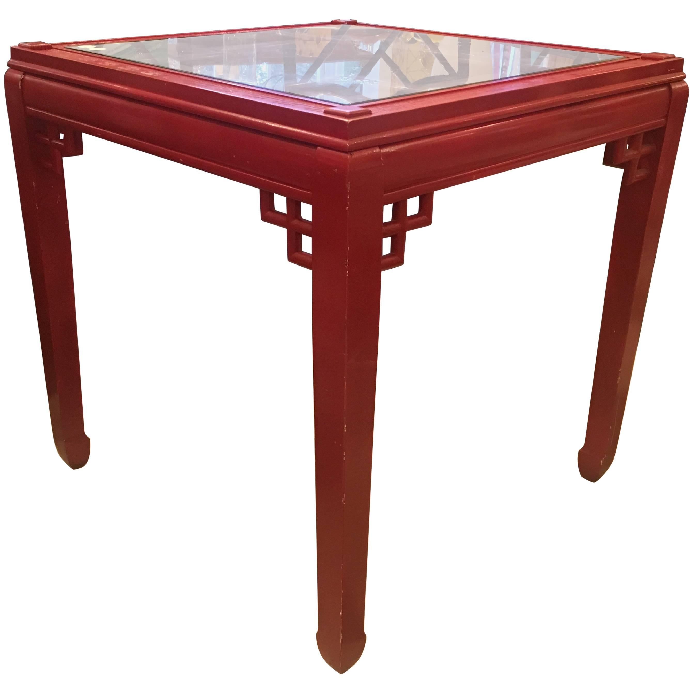 Midcentury American Chinese Chippendale style red lacquered square table.